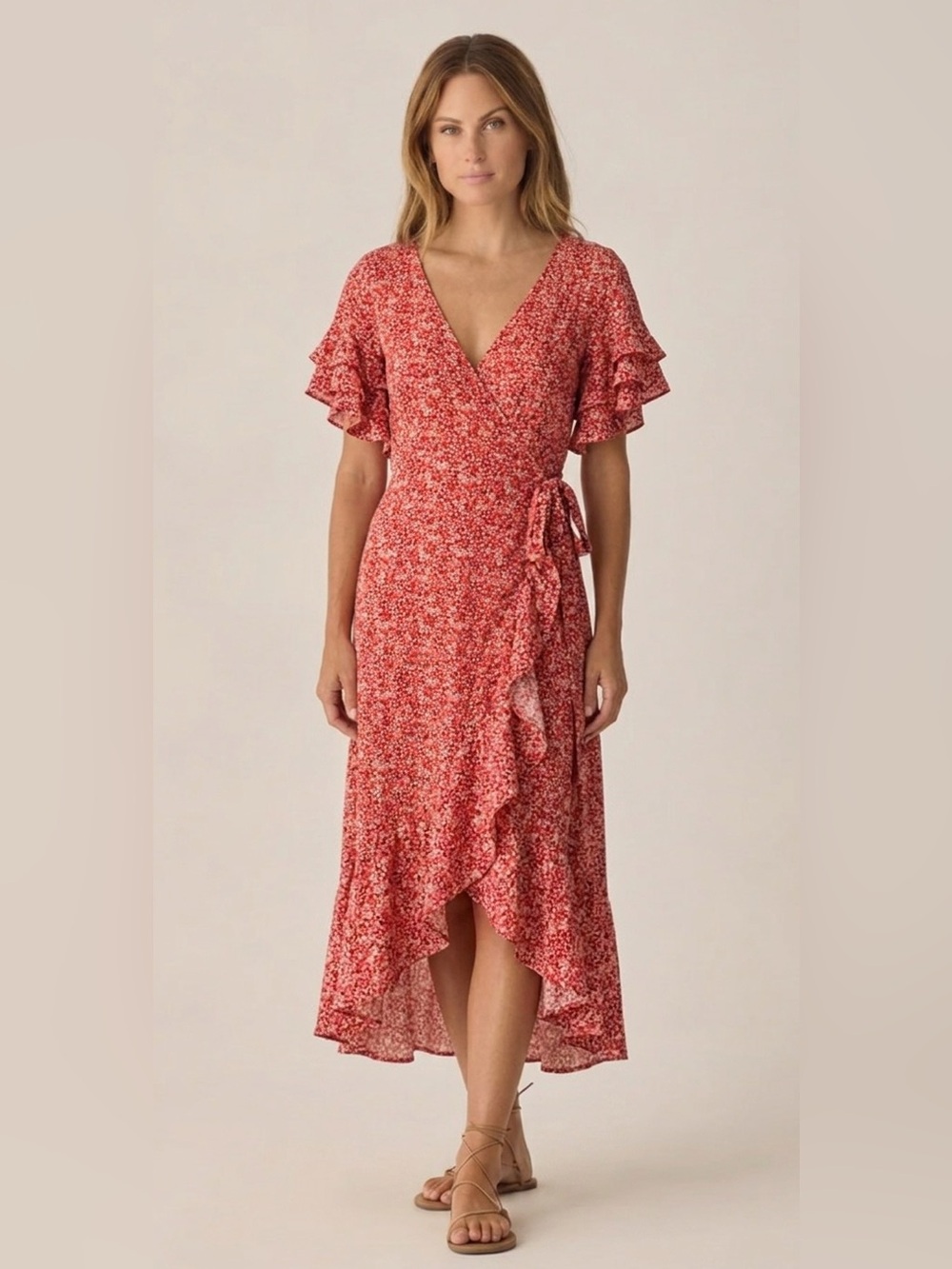 Max Studio Coral Red Floral Wrap Midi Dress (Fits M or L)- Ruffle, Wedding Guest